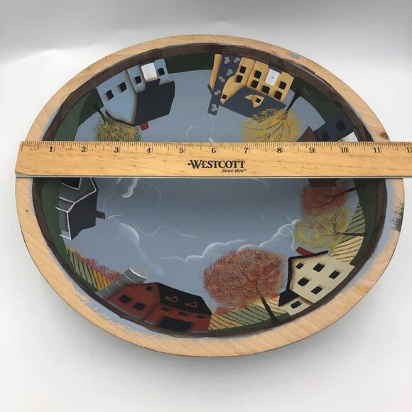 Vintage Hand Painted Wood Decorative Bowl Landscape Scenery Centerpiece - Picture 5 of 7